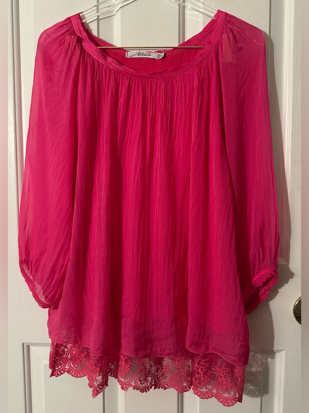 VINTAGE 100% Silk Y2K Nicole MADE ITALY Capsule Hot Pink Lace Blouse Boho Small